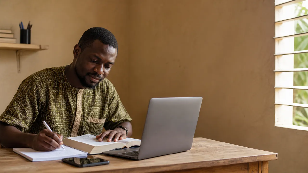 Apprenant africain étudiant à distance avec un ordinateur et des livres